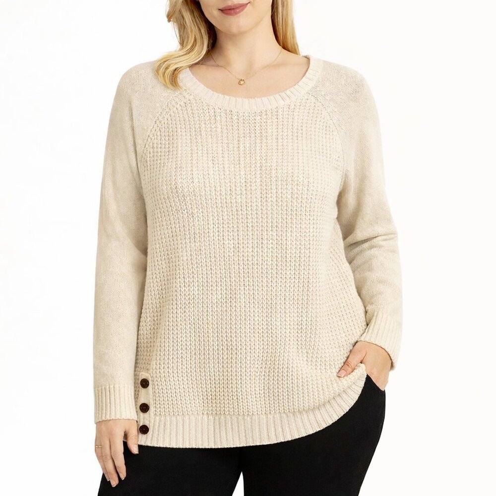 Karen Scott Sz M Cream Sweater Front is textured 3 buttons each side bottom